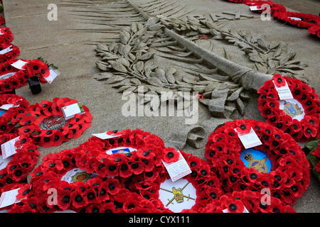 11 novembre 2012, Giorno del Ricordo Parade, George Square, Glasgow, Scozia. Il papavero ghirlande immessi sul granito il cenotafio Foto Stock