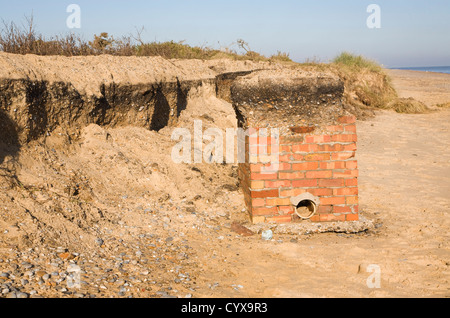 Scogliera marina profilo depositi sedimentari strati strati piani letto Benacre, Suffolk, Inghilterra prevista sulla struttura di mattoni Foto Stock