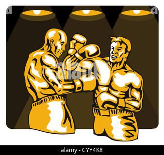 Illustrazione di un boxer collegando un knockout punch fatto in stile retrò Foto Stock