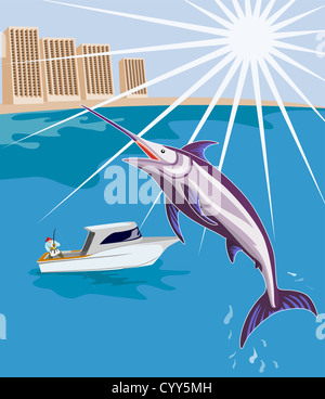 Illustrazione di un marlin azzurro Pesce saltando la cattura di barca da pesca e di costruire in fatto di sfondo in stile retrò. Foto Stock