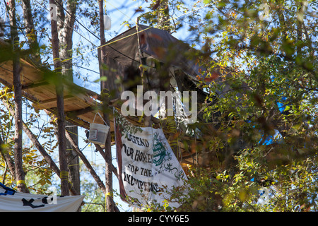 I membri di tar sands blocco camp in una piattaforma in alberi di bloccare la costruzione del Keystone XL Pipeline Foto Stock