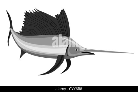 Illustrazione di un pesce sailfish jumping con barca da pesca in background fatto in stile retrò. Foto Stock