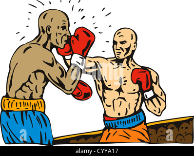 Illustrazione di un boxer collegando un knockout punch retrò Foto Stock