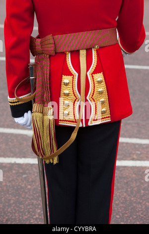 Dettaglio uniforme di un membro della guardia scozzese a Buckingham Palace di Londra Inghilterra, Regno Unito Foto Stock