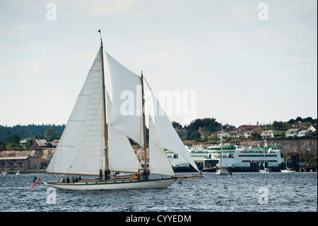 Una barca a vela gara tenutasi durante il Port Townsend, Washington, la barca di legno Festival. Foto Stock