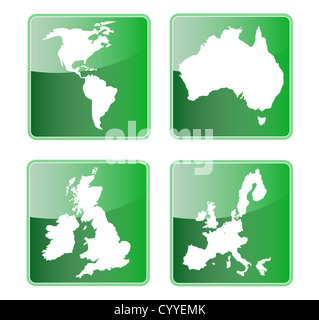 Icona che mostra la mappa del nord e sud America e Australia gran bretagna isole britanniche e Unione europea. Foto Stock