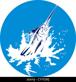 Illustrazione di un marlin azzurro Pesce spada jumping visto dal lato fatto rétro xilografia stile. Foto Stock