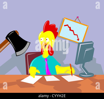 Illustrazione di un gallo ufficio di pollo lavoratore dipendente che lavora sulla scrivania in procinto di ottenere la ax. Foto Stock