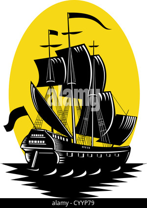 Illustrazione di un galeone nave a vela in mare fatto rétro xilografia style Foto Stock