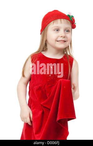 Affascinante piccolo ragazza nel cappuccio rosso e camice Foto Stock