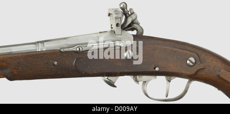 Una pistola flintlock a caricamento di Breech,per cartucce di carta,Olandese/Fiammingo,circa 1680.barile a due stadi,ottagonale e sfaccettato poi rotondo dopo una cintura,con foro liscio in calibro 11.5 mm,con marchio rivestito in ottone di un pesce(?)intra le lettere 'G' e 'S' sulla parte superiore.la sezione di Breech della barile con un 'blocco di bloccaggio' appoggiato da una molla e fissato in modo mobile La protezione del grilletto e con tubo di cottura integrato.flintlock inciso con poco,l'interno anche con mark.Dark pieno stock con mobili in ferro,dopo il cilindro una fessura per caricare la cartuccia di carta.,diritti aggiuntivi-clearences-non disponibile Foto Stock