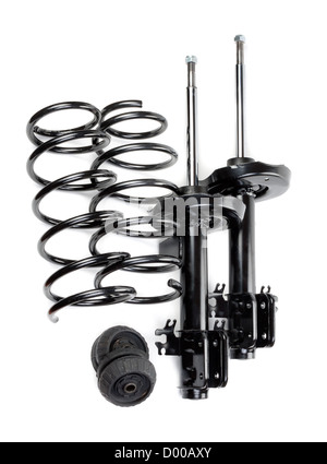 Set di ammortizzatori e molle e cuscinetti reggispinta isolati su sfondo bianco Foto Stock