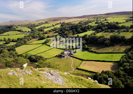 Guardando ad est da Carreg Cennen castle up hill farm farmland verso la montagna nera, Wales, Regno Unito. Parco Nazionale di Brecon Beacons Foto Stock