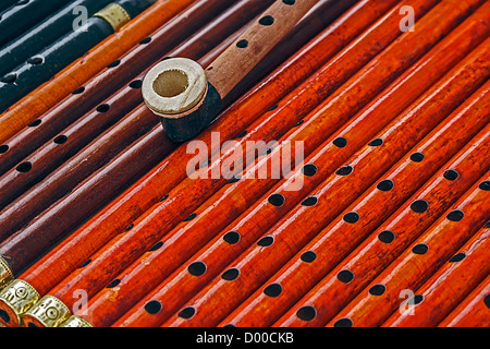 Fischietti costituito da diversi tipi di legno e colorato. Foto Stock