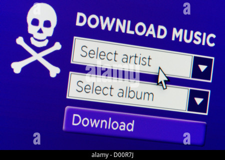 Close up di un immaginario illegale sito web pirata invita gli utenti a scaricare musica. Foto Stock