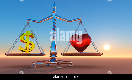 Bella Bilancia tenendo premuto il simbolo del dollaro su un lato e di cuore su altri, con pacifico, semplice tramonto. Foto Stock