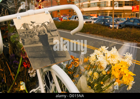 Ghost Bike Memorial per Eric Ng che è stata uccisa da un ubriaco al volante sul lato ovest Greenway, 1 Dicembre 2006 Foto Stock