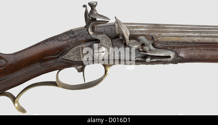 Un fucile da flintlock tedesco, Thomas Wilhelm Pistor di Schmalkalden, circa 1760. Cilindro scanalato a due stadi, rotondo dopo un baluster, con foro liscio in calibro 14.5 mm. Flintlock inciso con gusto, mandibola superiore sostituita,riparazione teglia e area frizzen. Noce catalano stock completo con mobili in ottone decorato Rocaille. Riparata rotture e crepe,ripetutamente integrato e rilavorato. Asta in legno con punta in ottone. Lunghezza 118 cm, storico, storico, 18 ° secolo, civili armi lunghe, pistola, armi, armi, arma, arma da fuoco, armi da fuoco, pistola, armi da fuoco, armi da fuoco, armi, armi, o, diritti aggiuntivi-clearences-non disponibile Foto Stock