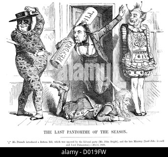 Ultimo Pantomime della stagione. La caricatura di Disraeli introdurre una riforma di legge, opposta dal partito liberale e Lord Palmerston. Foto Stock