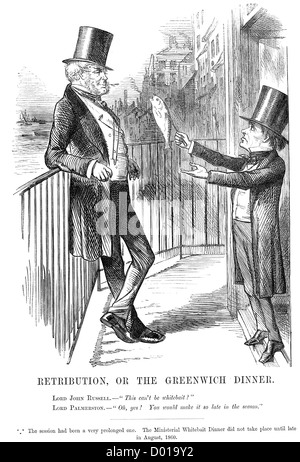 Retribution o la cena di Greenwich. Cartoon politico che mostra Lord John Russell e Lord Palmerston, Agosto 1860 Foto Stock