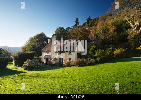 Cottage con tetto in paglia in Selworthy villaggio sul Holnicote Estate. Parco Nazionale di Exmoor. Somerset. In Inghilterra. Regno Unito. Foto Stock