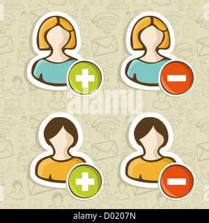 Reti sociali utente set di icone con il pulsante azioni su pattern. Illustrazione Vettoriale stratificata per una facile manipolazione e colorazione personalizzata. Foto Stock