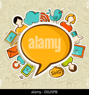 Reti sociali icone circa il discorso bolla su seamless pattern. Illustrazione Vettoriale stratificata per una facile manipolazione e colorazione personalizzata. Foto Stock