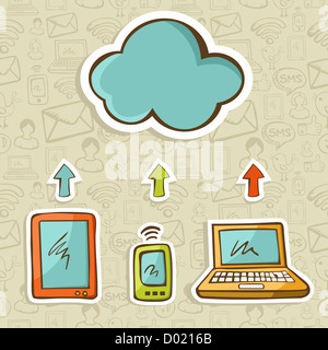 Tablet, computer e dispositivi mobili il cloud computing collegato. Illustrazione Vettoriale stratificata per una facile manipolazione e colorazione personalizzata. Foto Stock