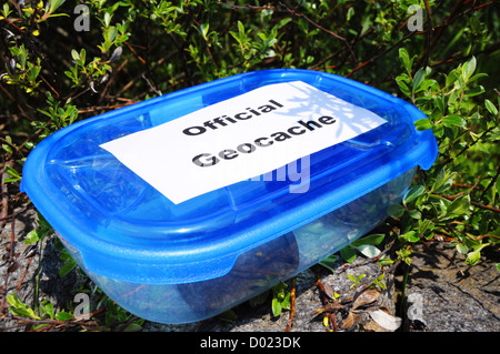 Concetto di geocaching con blue geocache box che mostra gli sport outdoor concept Foto Stock