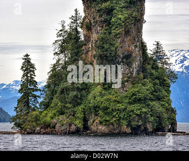 6 luglio 2012 - Gateway Ketchikan Borough, Alaska, USA - Nuovo Eddystone Rock in Misty Fjords Behm Canal è un 237 piedi di altezza del montante di basalto, il resto di un tappo vulcanica creato dalla lava di 5 milioni di anni fa, la sua rotta, texture casuale indica che era parte di un aeratore vulcanica dove il magma rose ripetutamente per la superficie della terra. Oggi la crescita sempreverdi si è affermata sulla base. Misty Fjords National Monument e area selvaggia, lungo il passaggio interno della costa sud-est di Alaska, è gestito dal governo degli STATI UNITI Forest Service e copre 2,294,343Â acri (9,246Â km) di Tongass Nati Foto Stock