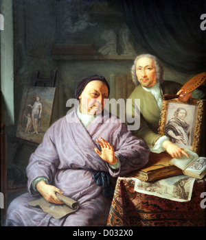 Pittore olandese Frans van Mieris de Jonge.Leiden 1689-1763.Ritratto di tre van Mieris generazioni 1742 Foto Stock