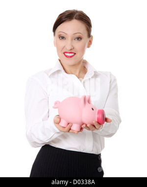 Coppia businmesswoman in piedi con salvadanaio Foto Stock