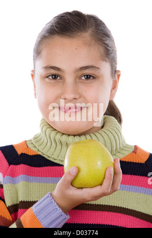 Ragazza carina con un Apple su un su sfondo bianco Foto Stock