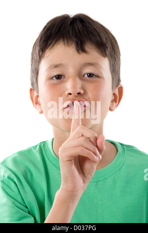 Adorabile bambino ordinazione di silenzio su un su sfondo bianco Foto Stock