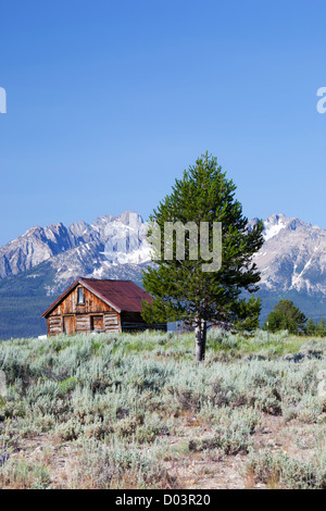 Idaho, Sawtooth National Recreation Area, vecchio fienile e la gamma a dente di sega Foto Stock