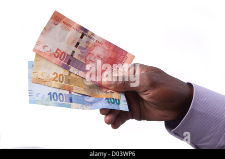 Mano azienda new South African banconote stampate con Mandela del volto Foto Stock