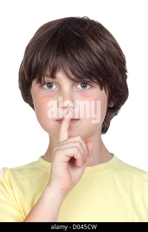 Adorabile bambino ordinazione di silenzio isolato su sfondo bianco Foto Stock