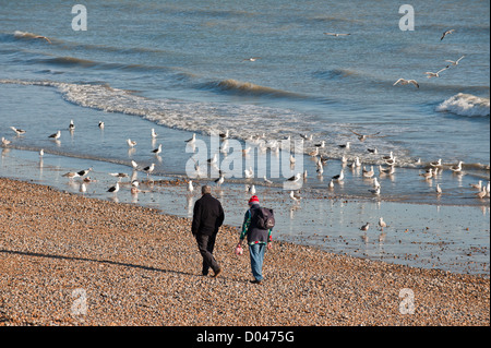 Due persone a piedi lungo una spiaggia in Hastings. Foto Stock