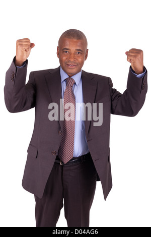 Imprenditore con bracci sollevati isolati su sfondo bianco Foto Stock