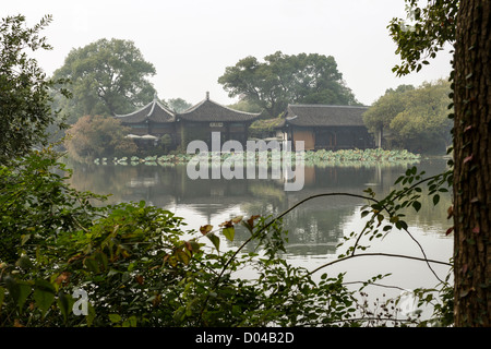 Grande tempio visto attraverso gli alberi su altro lato del West Lake in Hangzhou Cina sul giorno nebuloso Foto Stock