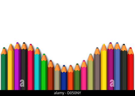 Modello 3D di matite colorate allineati in fila curvo su sfondo bianco Foto Stock