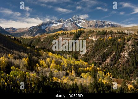 Aspen foreste in autunno, guardando attraverso il sud Forcella San Miguel valle, verso il picco di Wilson e il monte Wilson, San Juan Mts Foto Stock