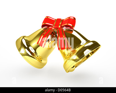 Golden campane con un fiocco rosso. isolato su bianco. Foto Stock