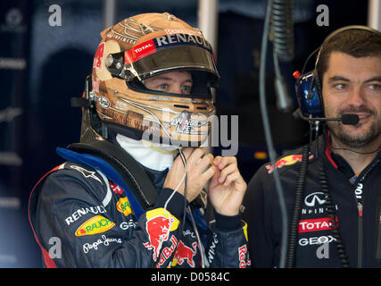 Pilota Sebastian Vettel si prepara per la pratica per la F1il Gran Premio degli Stati Uniti presso il circuito delle Americhe di Austin Foto Stock