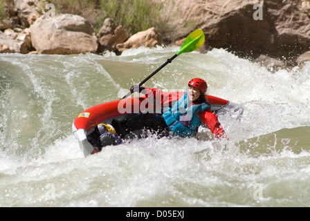 Donna sguazzare un kayak gonfiabili che trova sul suo cammino verso il capovolgimento in un rapido sul Fiume Colorado nel Grand Canyon, Ari Foto Stock