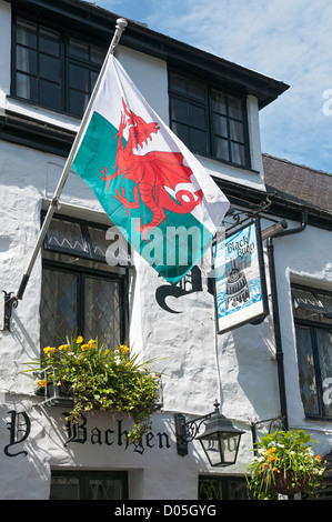 Il Galles, Caernarfon, Black Boy Inn circa 1522, inn cartelli indicano black boy su un lato nero bouy su opposti, bandiera Gallese Foto Stock