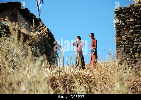 Due ragazze stanno in un recentemente raccolto nel campo buddista dolpo interna regione del Nepal Foto Stock