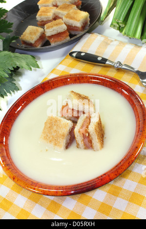 Cucinata fresca Crema di zuppa di sedano con crostini di salmone su un tovagliolo a scacchi prima di sfondo luminoso Foto Stock