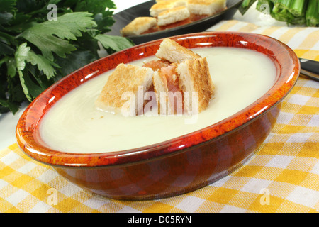 La crema fresca di sedano zuppa con crostini di salmone su un tovagliolo a scacchi prima di sfondo luminoso Foto Stock
