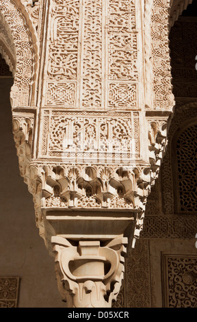 L' Alhambra Palace, Granada, Spagna. Dettaglio della colonna nella corte del patio dei leoni. Foto Stock